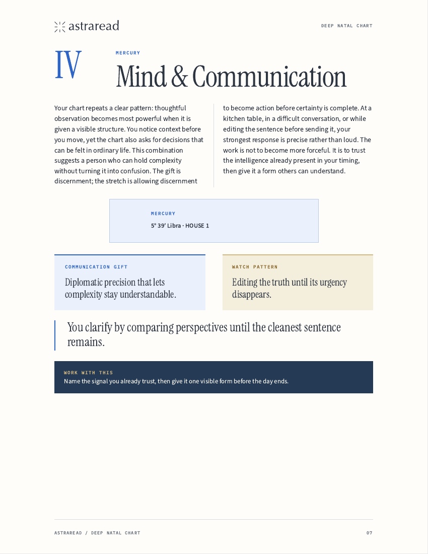 Claire Rowan demo report page interpreting Mercury and the mind